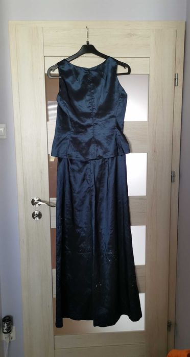 Granatowy imprezowy komplet długa spódnica i bluzka M 38