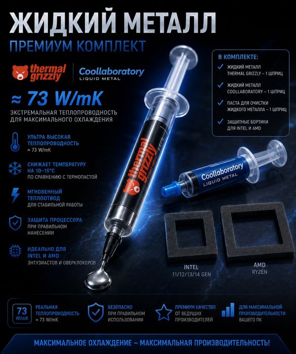 Жидкий Метал 73 W/mK  "Thermal Grizzly" "Coollaboratory" + Форма для защиты от протикания жидкого метала для процесссоров Intel 11 - 14 Gen / Ryzen