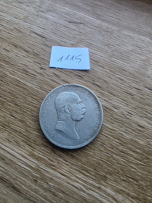 Srebrne 5 Koron 1908 Jubileusz 60-lecia Panowania Chmurka Okolicznościowa Biegnąca Wiktoria Austro-Węgry