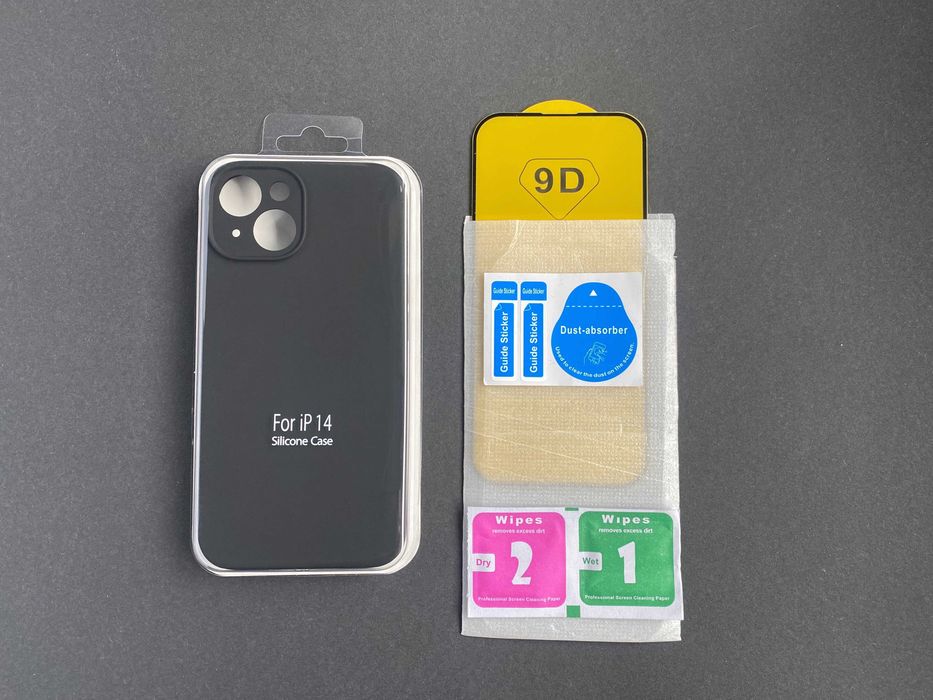 Etui do Apple iPhone 14 Silicone Case (сzarne) + szkło hartowane 9H 9D
