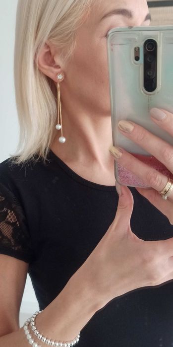 Kolczyki perełki na łańcuszku z cyrkonią kolor złoty