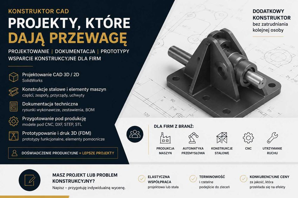 Konstruktor CAD | SolidWorks | Projekty konstrukcji | Dokumentacja techniczna | Prototypy 3D | Inżynieria wsteczna
