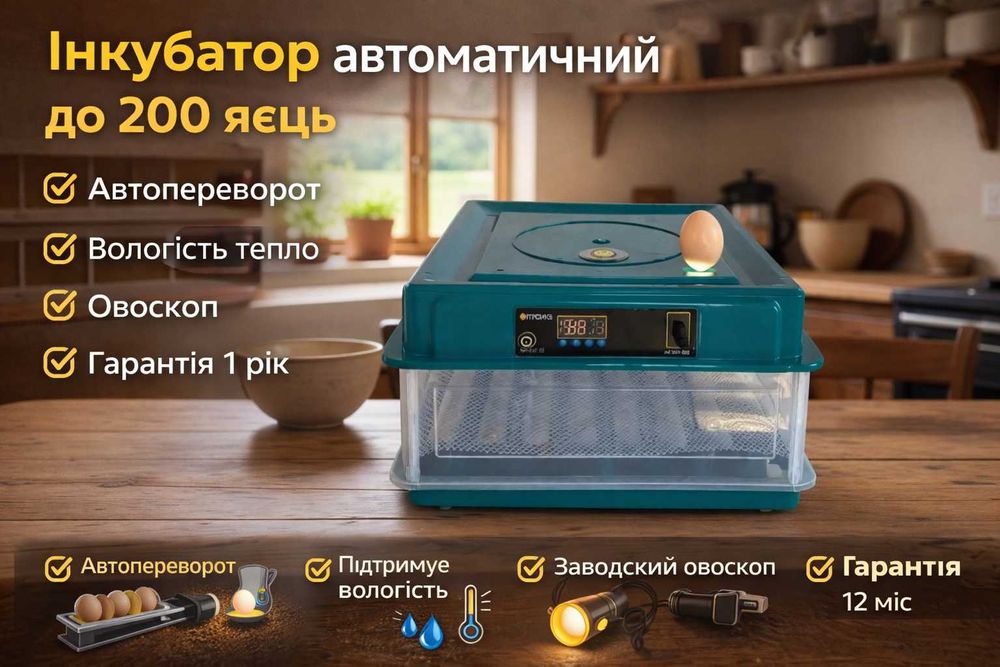 Інкубатор автоматичний ПТАХА 12/220В Инкубатор з автоповоротом, роликова система, овоскоп, підключення до акумулятора