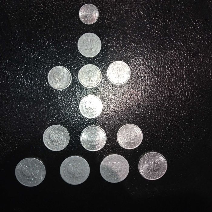 Groszówki z PRLu. W tym dwie 50gr. z 1949. W sumie 13sztuk