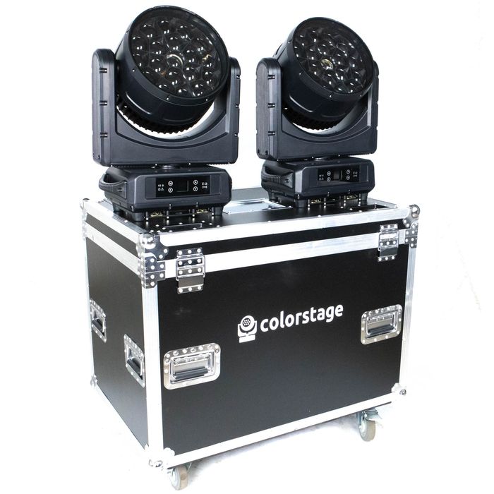 Sprzedam nowe z fakturą SUPER cena 6000 neto !!!  ZESTAW 2x GŁOWA RUCHOMA COLORSTAGE MIRA WASH 19x40W RGBW K15 BEYE IP65 CASE