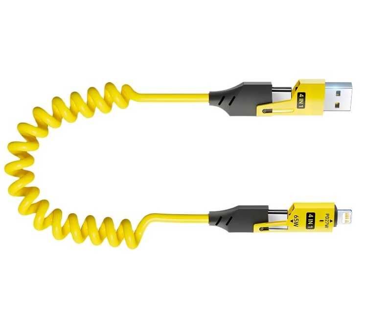 Uniwersalny kabel sprężynowy 4w1 USB-A → USB-C / Lightning / Micro-USB