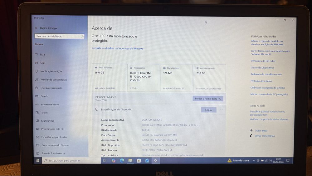 Portátil Dell Vostro 5568 i5 7ªGer 16GB RAM SSD (dobradica partida)