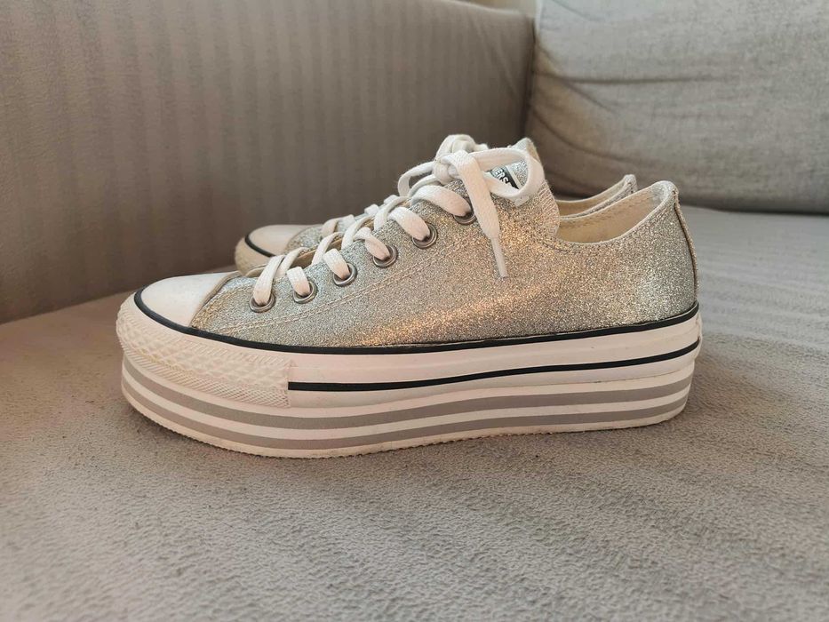 Srebrne buty, converse na platformie, brokatowe trampki, 39, 24,5cm
