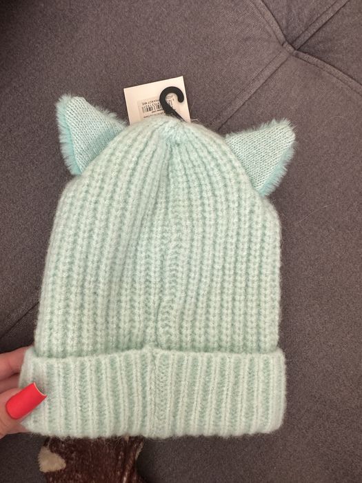 Kotek czapka na zimę dla dziewczynki w kolorze miętowym z uszkami
