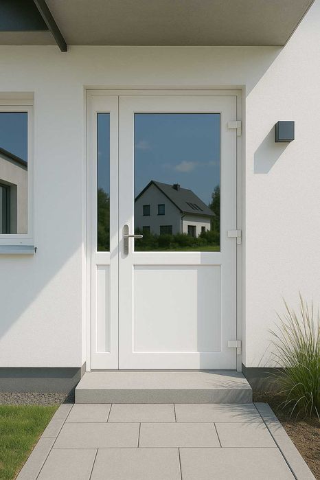 Drzwi zewnętrzne PCV dwuskrzydłowe sklepowe tarasowe 140x210 białe pvc