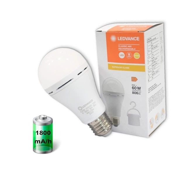 Лампа  LEDVANCE c аккумулятором.A60W. 8W/806 Lm..230V. E27.2700 K.