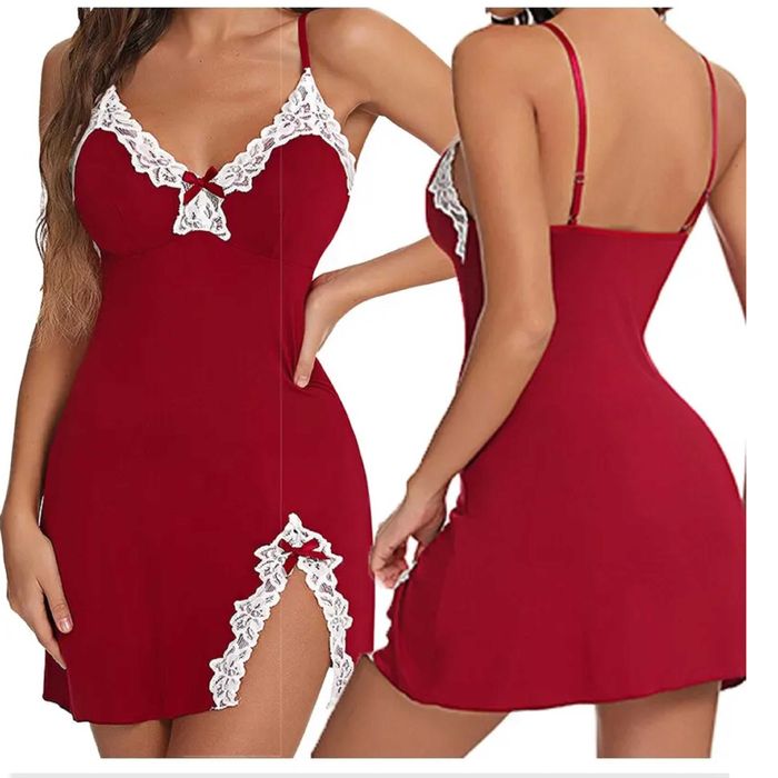 Seksowna koszula nocna koronkowa jedwab satyna dekolt czerwony roz M