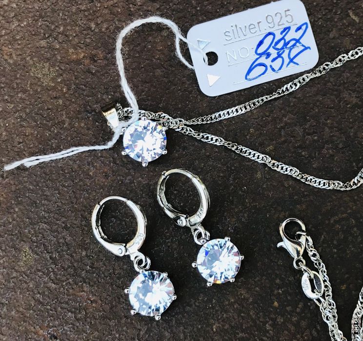 Срібний комплект 925 проби! ЛАНЦЮЖОК + КУЛОН + СЕРЕЖКИ / Знижка -70%