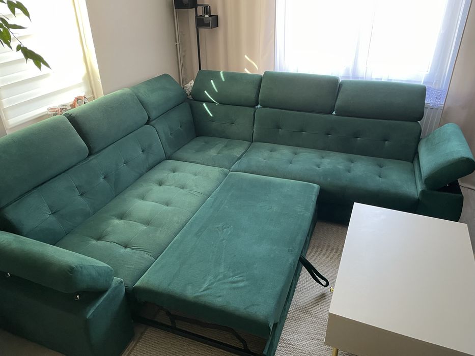 Narożnik duży Aslan, butelkowa zieleń, f. spania, ruchome zagłówki :)