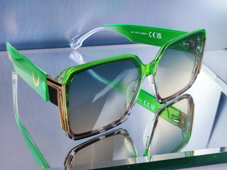 Luksusowe duże zielone okulary przeciwsłoneczne z etui UV400 nowe