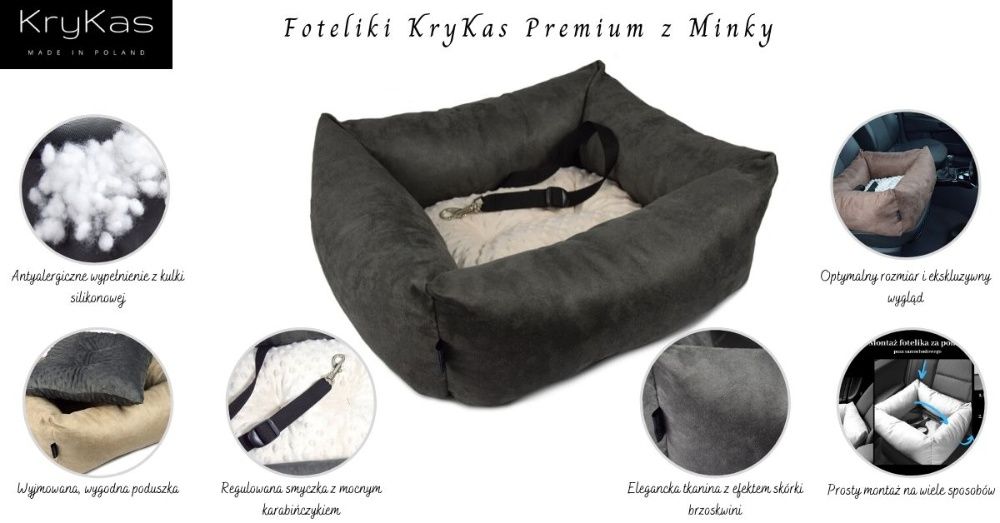 Fotelik samochodowy, legowisko dla psa PREMIUM z MINKY -antyalergiczne