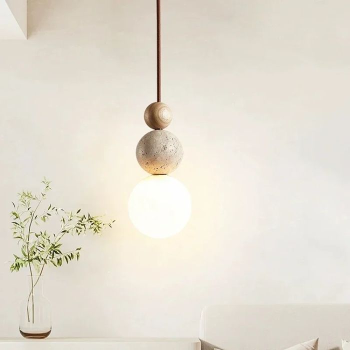 Lampa wiszaca trawertyn + szkło + drewno