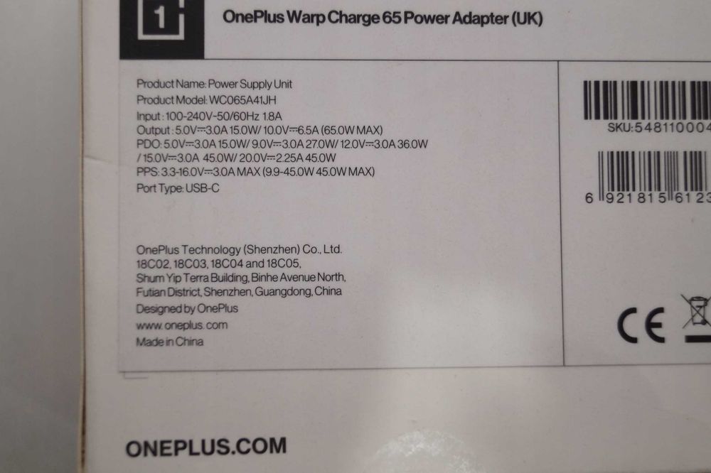 WS67 Ładowarka wtyczka OnePlus 65W WC065A41JH WARP CHARGE UK Angielska