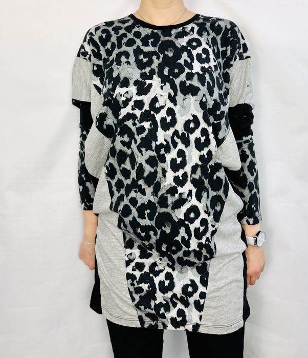 Szaro-czarna tunika z panterkowym panelem XS 34