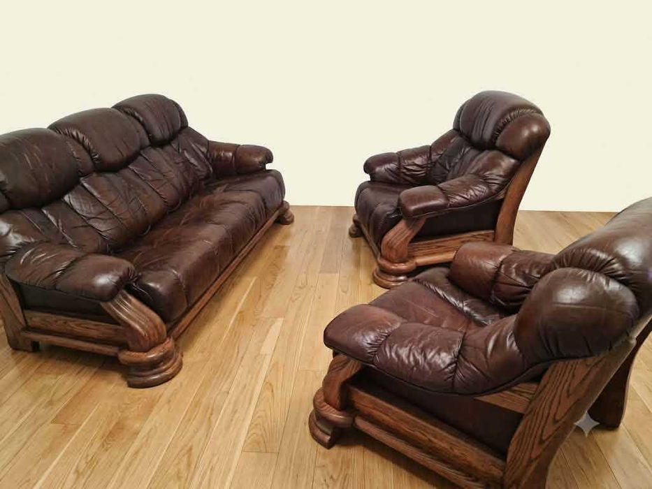 Masywny komplet skórzany 3+1+1-lite drewno
