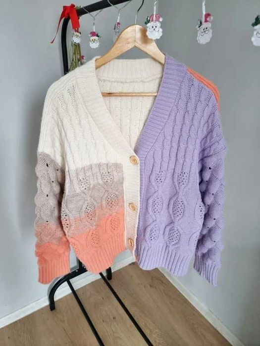 CIDER kardigan sweter kolorowy M / 38 – pastelowy, warkocze, święta