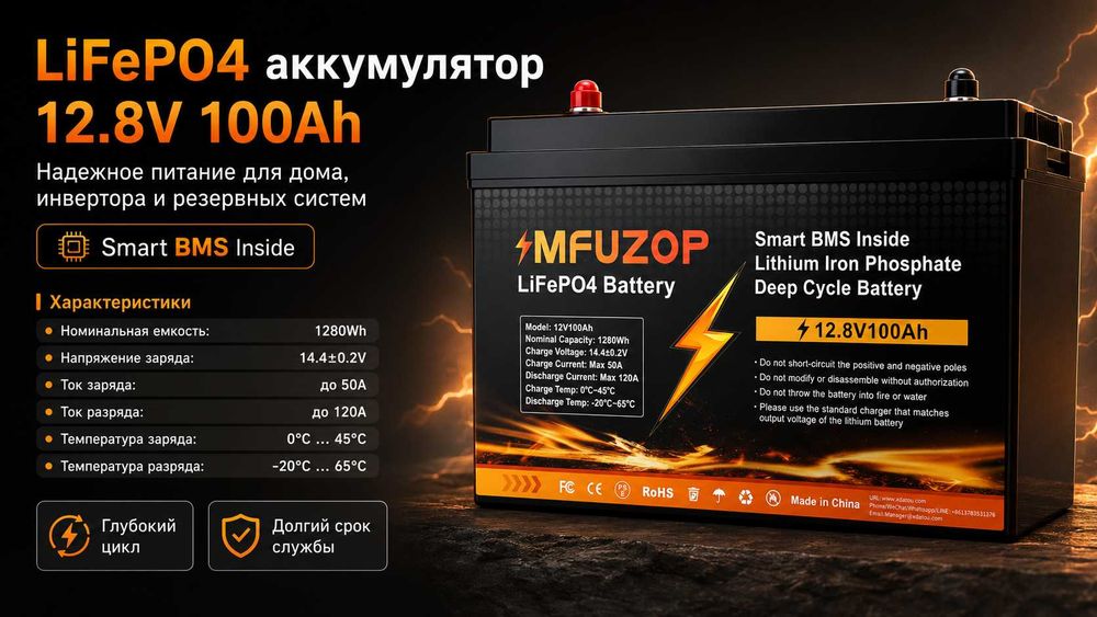 Аккумулятор LiFePO4 Литий-железо-фосфатная батарея > 12.8V 100Ач BMS > БЕСПЛАТНАЯ ДОСТАВКА