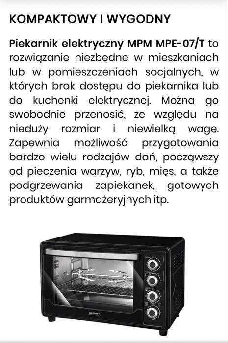 Piekarnik elektryczny MPM MPE-07/T z termoobiegoem, przenośny