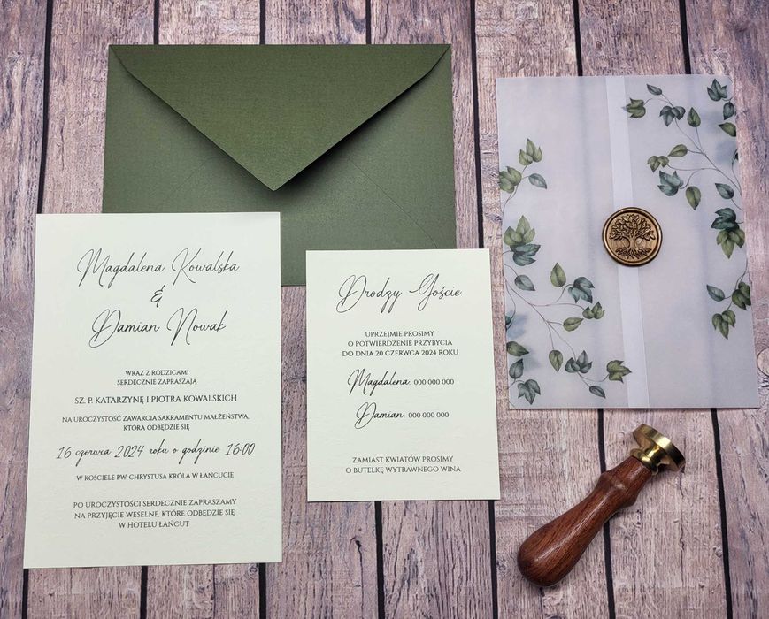 Zaproszenia ślubne, kalka z pieczęcią motyw drzewa, liści