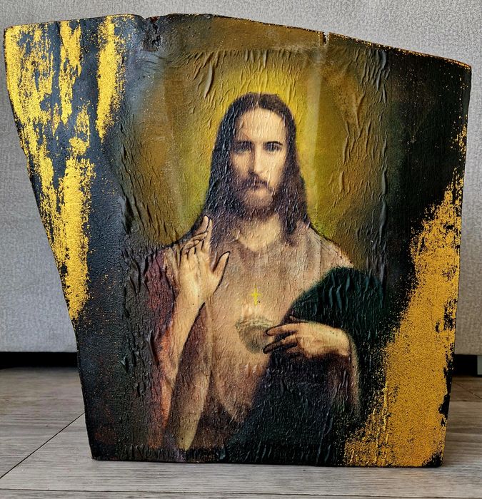 Ikona lite drewno Jezus rękodzieło decoupage