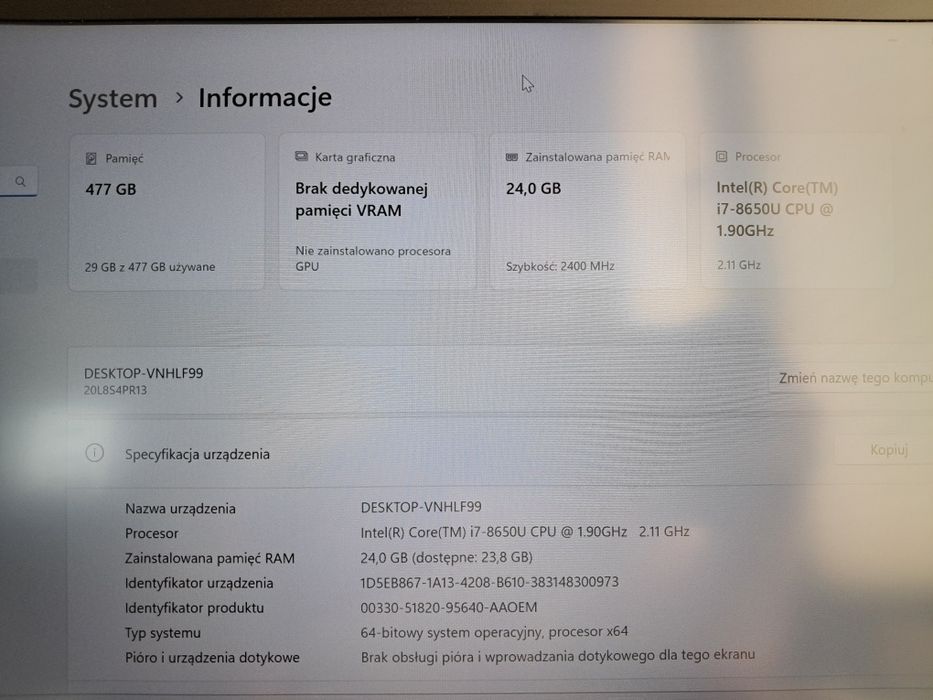 Laptop Lenovo T480s I7 8650U 24GB 512GB