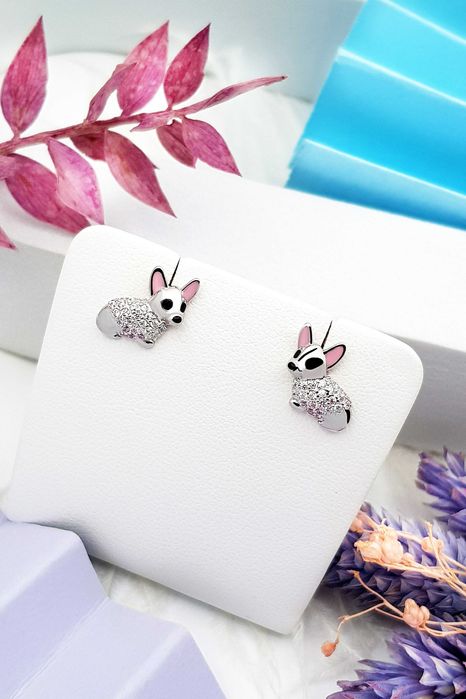 Srebrne kolczyki pieski corgi z cyrkoniami i emalią pr. 925