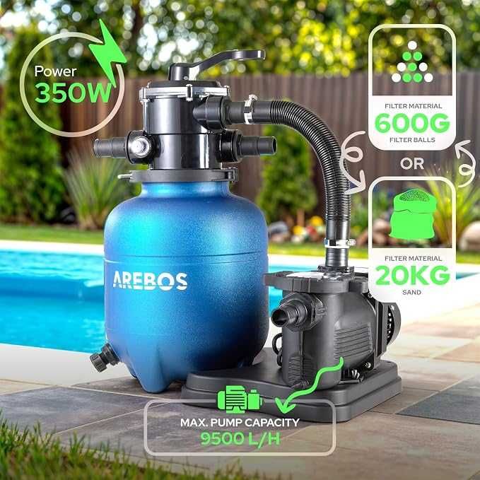 Arebos filtr piaskowy z pompą ,600 g kulek filtracyjnych ,350 W, 9500 L/h
