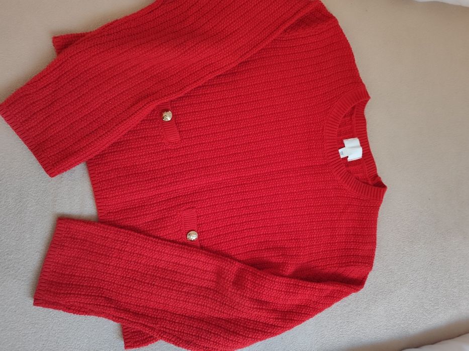 Sweter czerwony h&M 38 M guziki elegancki
