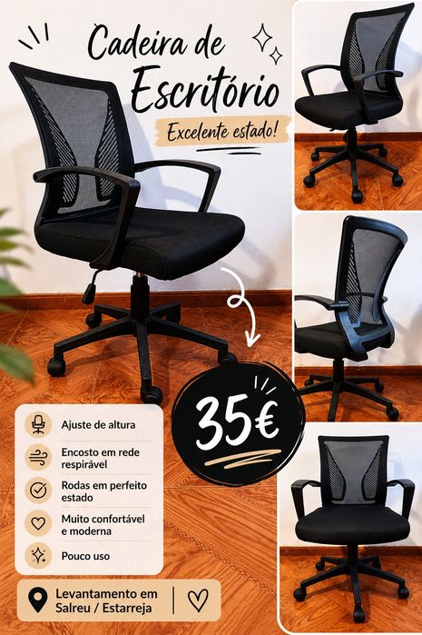 Cadeira Escritório Ergonómica Preta c/ Rodas