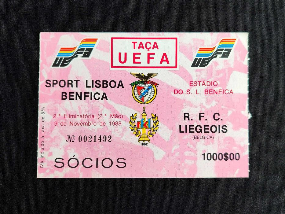 Bilhete do jogo Benfica - Liègeois (1988/89)