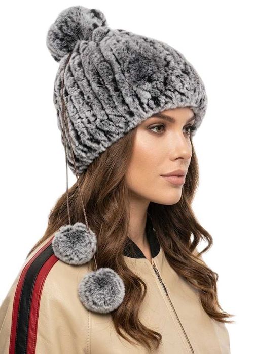 Czapka/Komin z futra królika Rex z pomponami 2 w 1