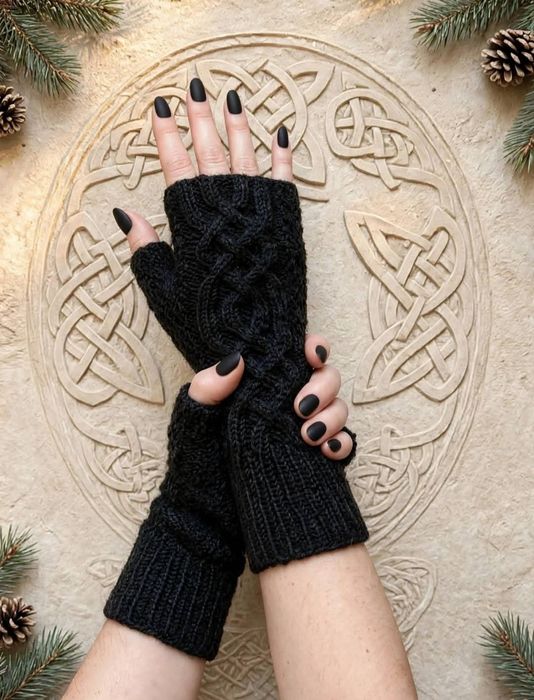 Mitenki „Celtycki Aksamit" czarne merino warkocz handmade unisex