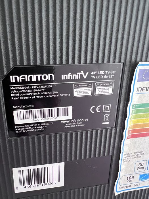 TV Infiniton 43" Smart TV (Model INTV-43SU1280) – Para Peças / Com Avaria
