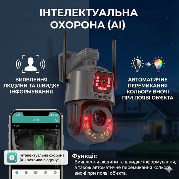 Камера з оптикою та нічним баченням до 120м. AI, 6Мп, ICsee, вай фай