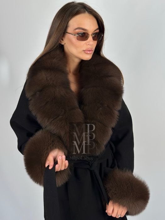 Женское кашемировое пальто с натуральным мехом песца, 42-56 размеры