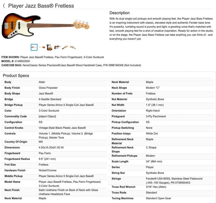 Fender Jazz Bass Player Fretless MIM