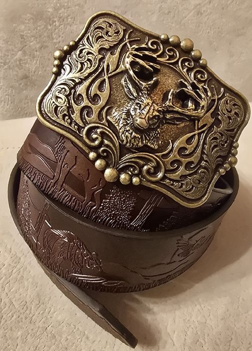 Skórzany pasek myśliwski JELEŃ BYK. Rykowisko. Nowy. 120cm Na prezent.