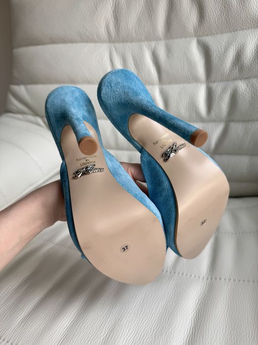 Блакитні мюлі Oksana Khmara. Голубые, бирюзовые босоножки на каблуке