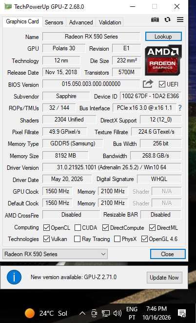 Sapphire Nitro+ RX 590 8GB Gold Edition – Caixa Original + Manutenção Recente