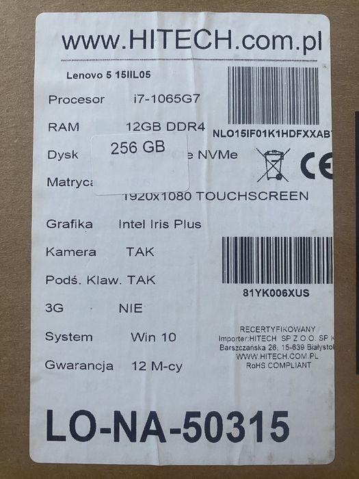 Laptop Dotykowy Lenovo Ideapad5 15,6 i7 12GB 256GB