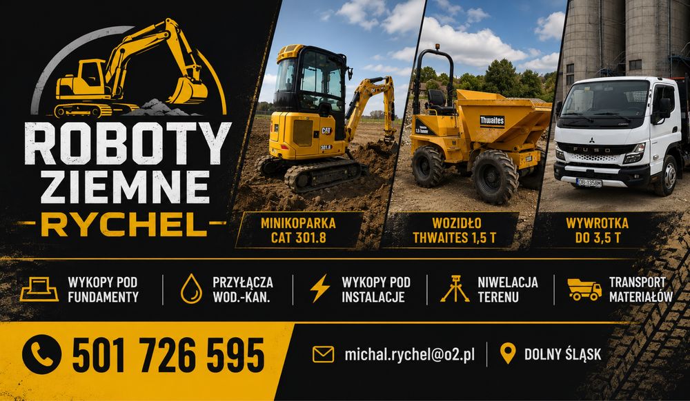 USŁUGI ROBOTY ZIEMNE minikoparka, wozidło budowlane, przyłącza wykopy pod fundamenty transport wywrotka kiper 3 tony