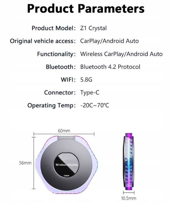 Z1 Crystal Wired to Wireless CarPlay/Android Auto  Adapter