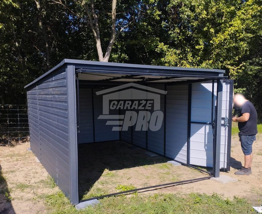Garaż blaszany 3x5 Brama + drzwi -  Antracyt  dwuspadowy GP212