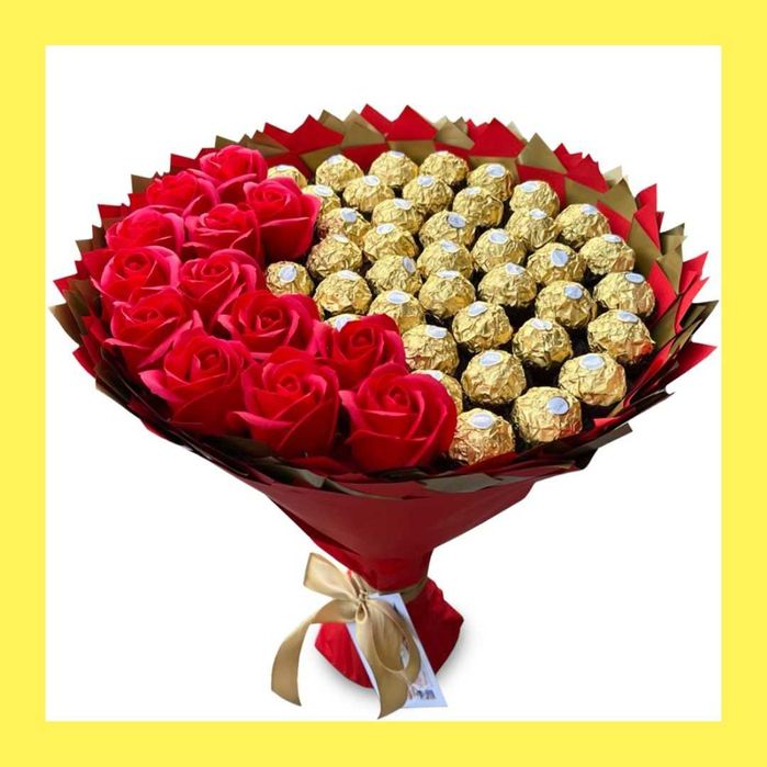Bukiet Ferrero Rocher 40 szt i róże mudlane. Prezent na 40 Urodziny