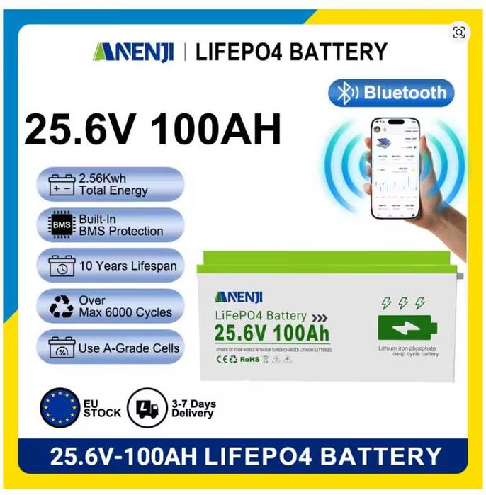 Magazyn Energii Anenji | 24V 100Ah 2,56 kWh | BMS 100A | Akumulator | LiFePO4 | Bluetooth | NOWY